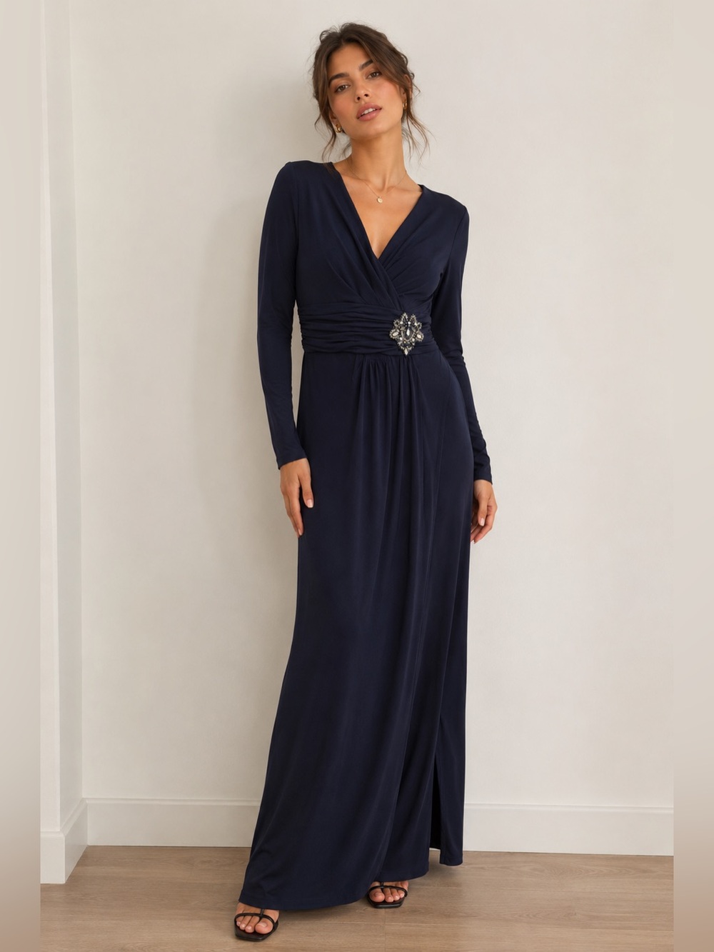 Eliza J Navy Long Sleeve Embellished Waist Formal Gown – Size 4